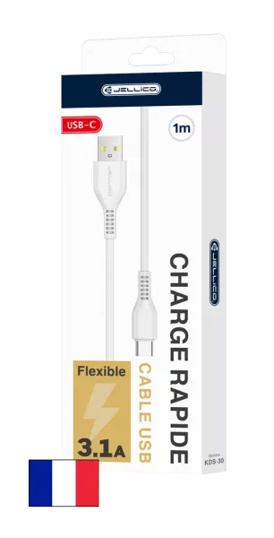 Cable Usb vers USB-C/Type C (3.1 A) 1 m�tre JELLICO KDS-30 (Boite/blister) blanc