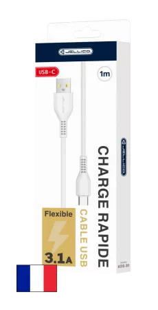Cable Usb vers USB-C/Type C (3.1 A) 1 mètre JELLICO KDS-30 (Boite/blister) blanc