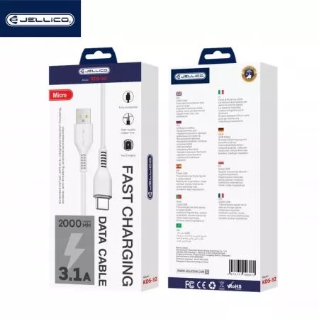 Cable USB vers USB-C/Type C (3.1 A) 2 m&egrave;tres JELLICO KDS-32 (Boite/BLISTER) blanc