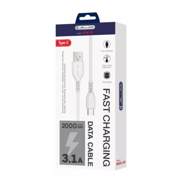 Cable USB vers USB-C/Type C (3.1 A) 2 m�tres JELLICO KDS-32 (Boite/blister) blanc