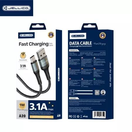 Cable Usb vers USB-C/Type C (3.1A) 1 m&egrave;tre en nylon tress&eacute; JELLICO A20 (Boite/BLISTER) noir
