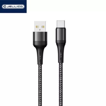 Cable Usb vers USB-C/Type C (3.1A) 1 m&egrave;tre en nylon tress&eacute; JELLICO A20 (Boite/BLISTER) noir