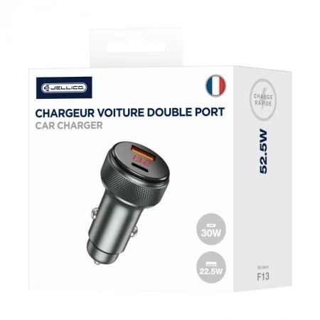Chargeur voiture double port 1X USB-C + 1X USB (52.2W) JELLICO F13 (Boite/blister) noir