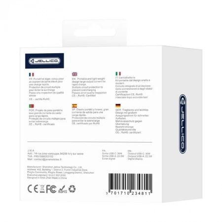 Chargeur voiture double port 1X USB-C + 1X USB (52.2W) JELLICO F13 (Boite/blister) noir