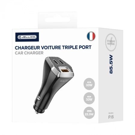Chargeur voiture triple port 2X USB-C + 1X USB (85.5W) JELLICO F15 (Boite/blister) noir