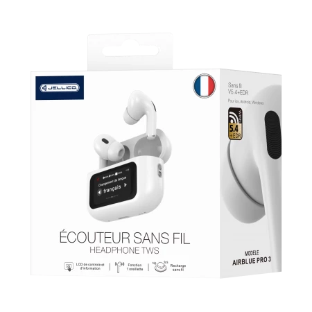 Ecouteurs sans fil bluetooth avec &eacute;cran tactile Airpods Pro 3 JELLICO AirBlue Pro 3 blanc