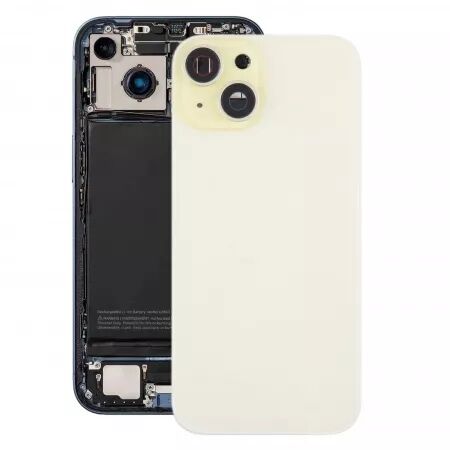Face arrière iPhone 15 avec vitre caméra, nappe NFC ORI et flash jaune