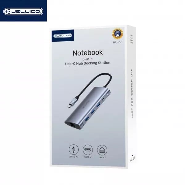 Hub 5 en 1 USB-C/Type C vers USB X3 , Micro USB et RJ45 JELLICO HU-55 (Boite/BLISTER) gris