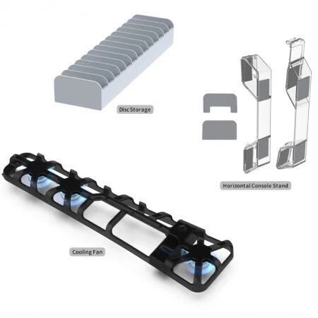 Kit de ventilateur de refroidissement 3 en 1 pour PlayStation 5 Slim / PS5 Slim avec support de placement horizontal et organisateur de boitier de stockage de disque de jeu DOBE TP5-35129 (Boite/blister)