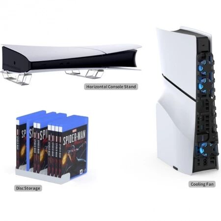 Kit de ventilateur de refroidissement 3 en 1 pour PlayStation 5 Slim / PS5 Slim avec support de placement horizontal et organisateur de boitier de stockage de disque de jeu DOBE TP5-35129 (Boite/blister)