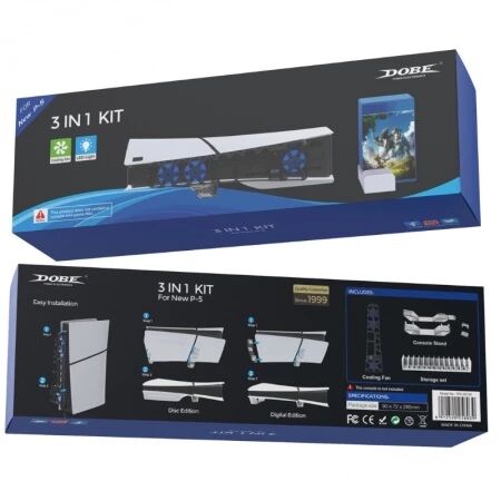 Kit de ventilateur de refroidissement 3 en 1 pour PlayStation 5 Slim / PS5 Slim avec support de placement horizontal et organisateur de boitier de stockage de disque de jeu DOBE TP5-35129 (Boite/blister)