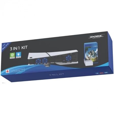 Kit de ventilateur de refroidissement 3 en 1 pour PlayStation 5 Slim / PS5 Slim avec support de placement horizontal et organisateur de boitier de stockage de disque de jeu DOBE TP5-35129 (Boite/blister)