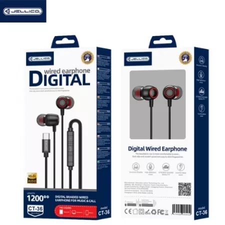 Kit pieton intra-auriculaire (USB-C/Type C) avec micro JELLICO CT-36 (Boite/blister) noir