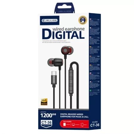 Kit pieton intra-auriculaire (USB-C/Type C) avec micro JELLICO CT-36 (Boite/blister) noir