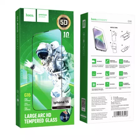 Lot de 10 films de protection en verre trempé 5D avec cadre noir HOCO G16 Guardian Shield pour iPhone 15 (Boite/BLISTER)