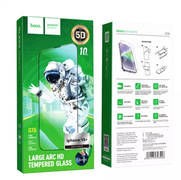 Lot de 10 films de protection en verre tremp� 5D avec cadre noir HOCO G16 Guardian Shield pour iPhone 15 Plus (Boite/BLISTER)