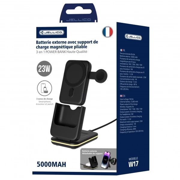 Power Bank (Batterie Externe) 5000mAh Station de charge sans fil 5 en 1 pour smartphone/Ecouteurs/montres/LED 23w JELLICO W17 noir