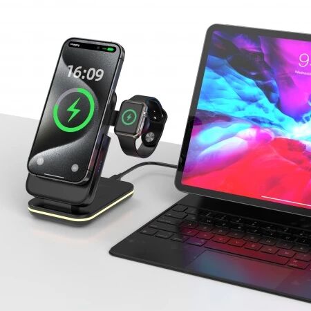 Power Bank (Batterie Externe) 5000mAh Station de charge sans fil 5 en 1 pour smartphone/Ecouteurs/montres/LED 23w JELLICO W17 noir