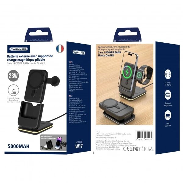 Power Bank (Batterie Externe) 5000mAh Station de charge sans fil 5 en 1 pour smartphone/Ecouteurs/montres/LED 23w JELLICO W17 noir Power Bank (Batterie Externe) 5000mAh Station de charge sans fil 5 en 1 pour smartphone/Ecouteurs/montres/LED 23w JELLICO W17 noir