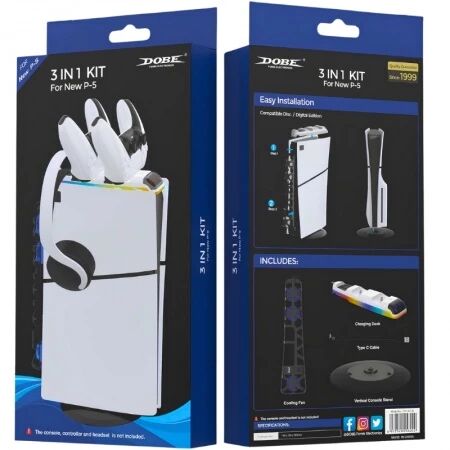 Station de charge 3 en 1 pour PlayStation 5 Slim / PS5 Slim avec ventilateur de refroidissement, disque support vertical et station de charge DOBE TP5-35130 (Boite/blister)