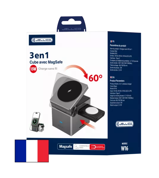 Station de recharge 3 en 1 sans fil (15W) JELLICO W16 (Boite/blister) noir
