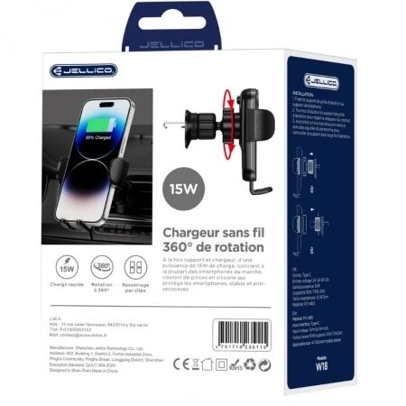 Support voiture chargeur &agrave; induction magn&eacute;tique JELLICO W18 (Boite/blister) noir